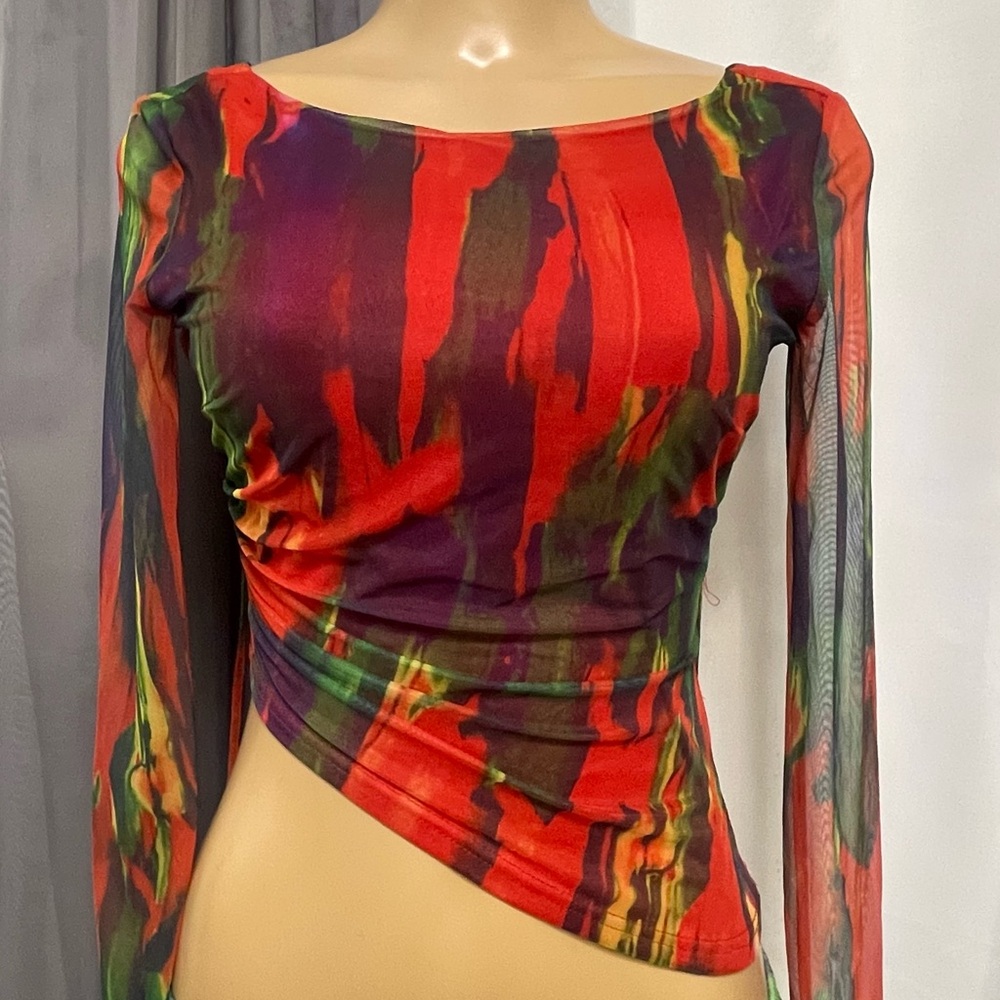 Must Be Love Asymmetrical Mesh Top - Red/combo